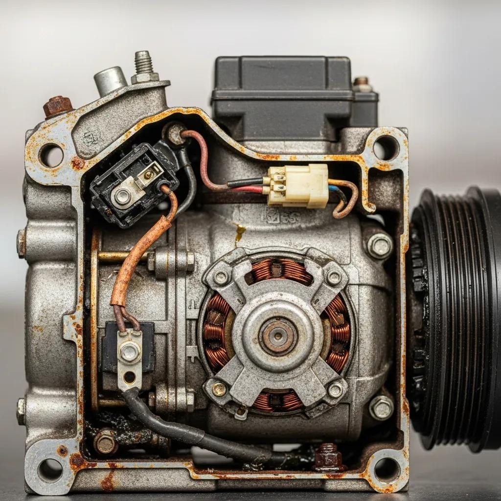 Close-up of an air conditioning compressor showing signs of wear and tear