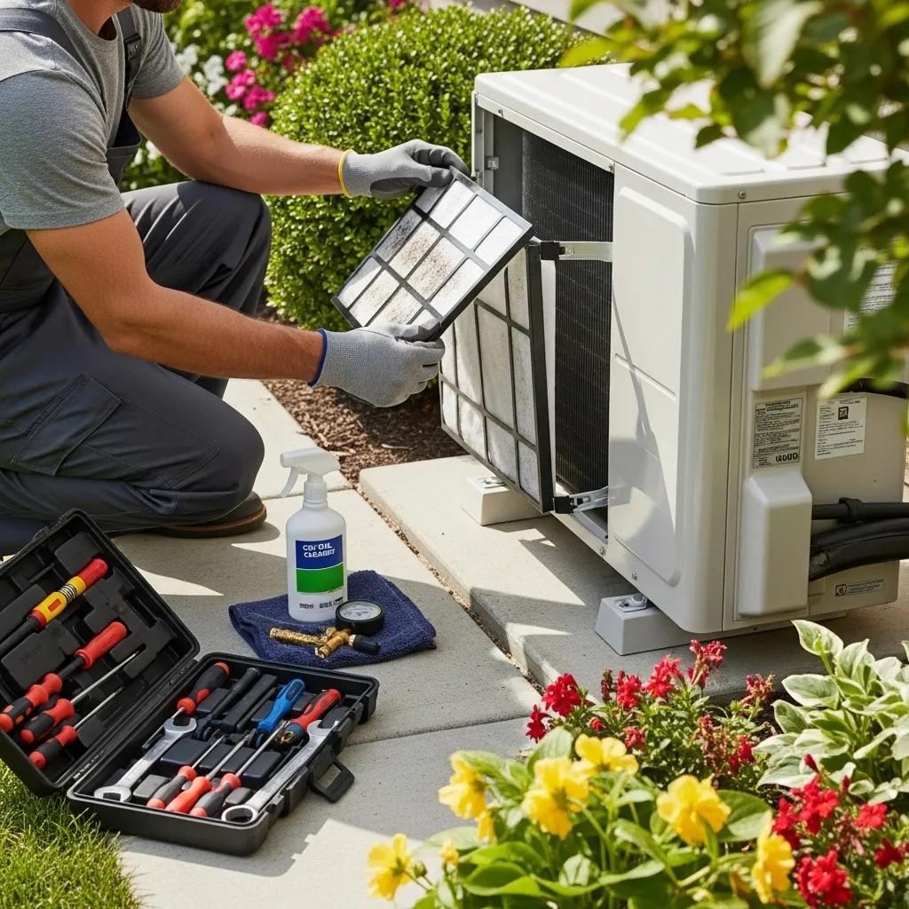 Homeowner changing the air filter of an air conditioning unit outdoors