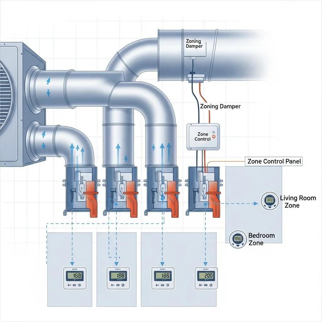Illustration of zoning dampers in ductwork regulating airflow for multi-zone HVAC control