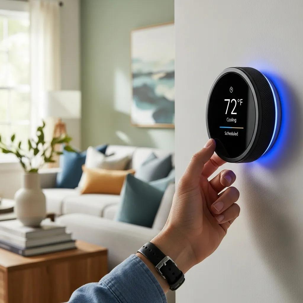 Close-up of a smart thermostat being adjusted in a comfortable living room setting