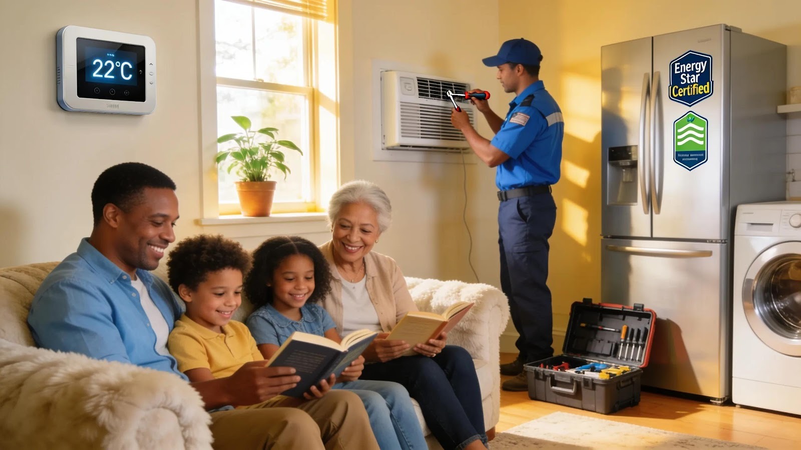 Family enjoying comfort indoors with HVAC technician performing energy-efficient maintenance