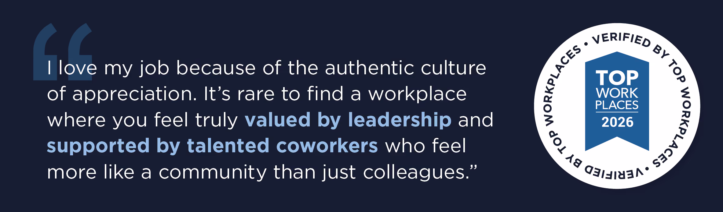Word cloud with positive workplace qualities like collaborative, friendly, authentic, flexible, engaging, and a badge stating Verified by Top Workplaces 2025.