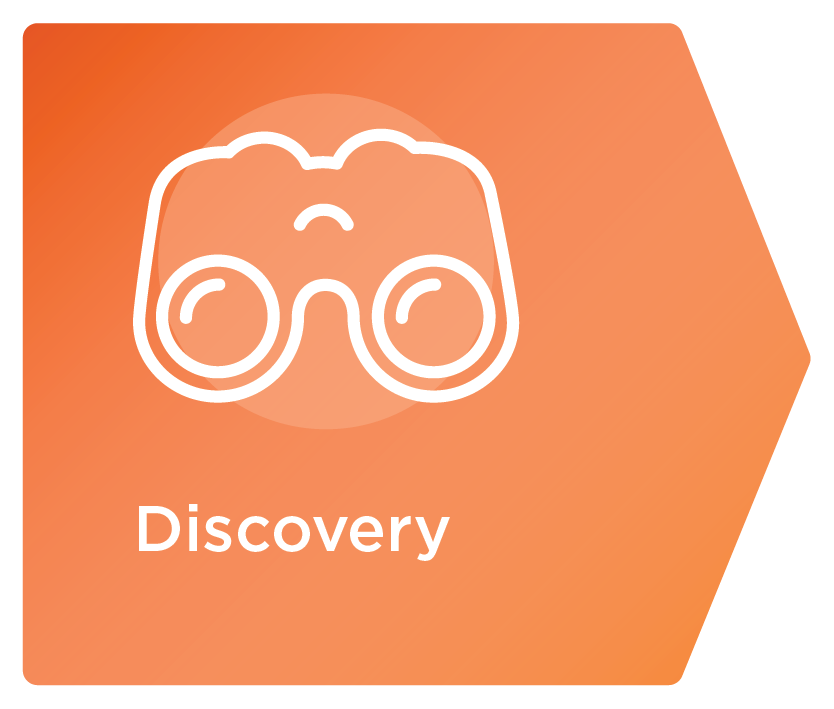 White binoculars icon above the word Discovery on an orange hexagon background.