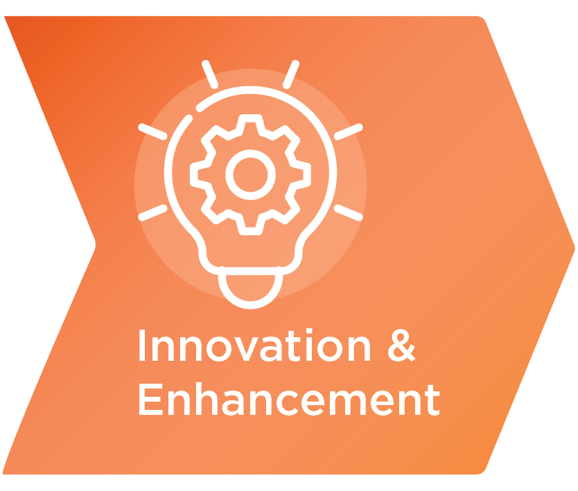 White outlined lightbulb with gear inside representing innovation and enhancement on an orange arrow-shaped background.