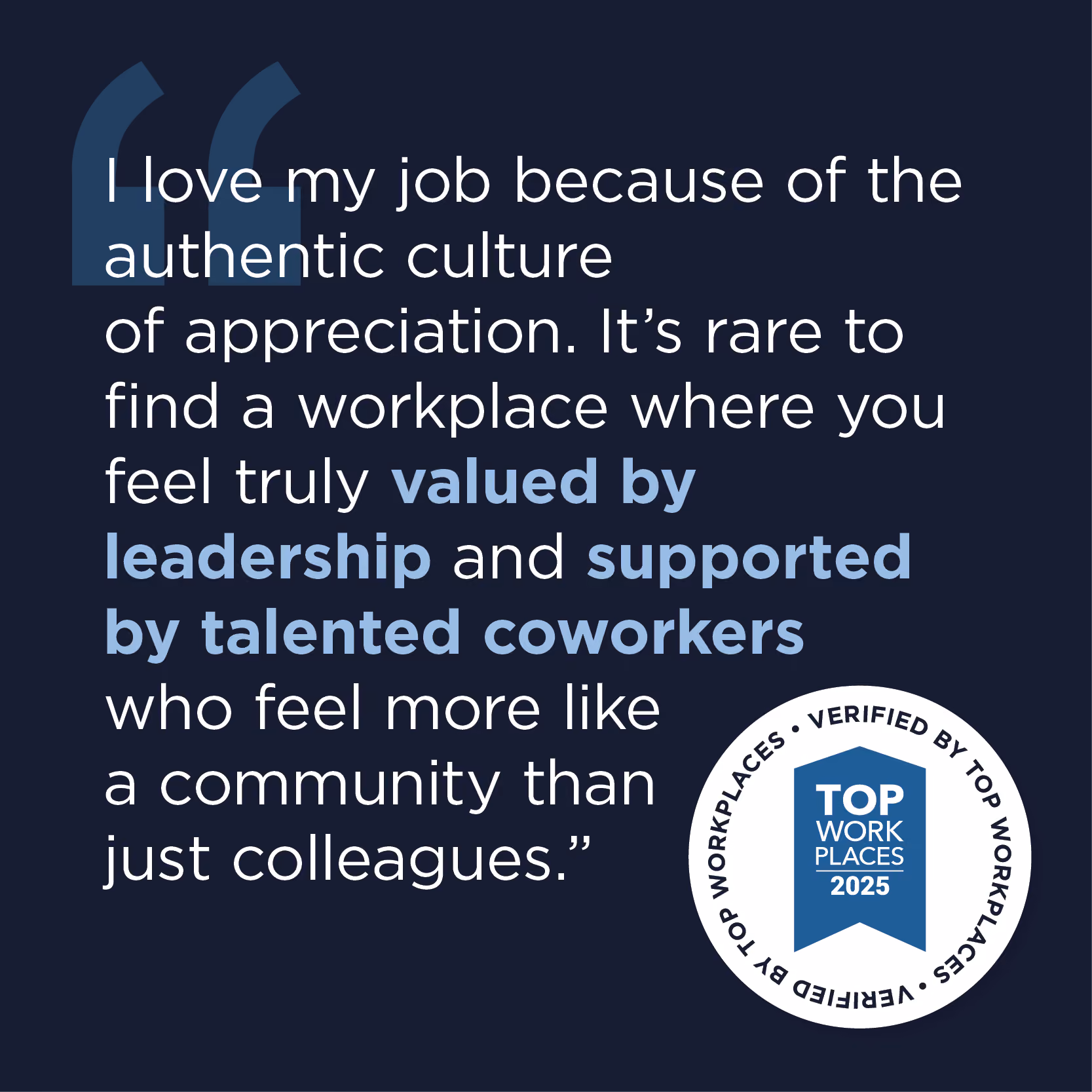 Word cloud featuring positive workplace traits like collaborative, authentic, friendly, and engaging with a Top Workplaces 2025 verified badge.