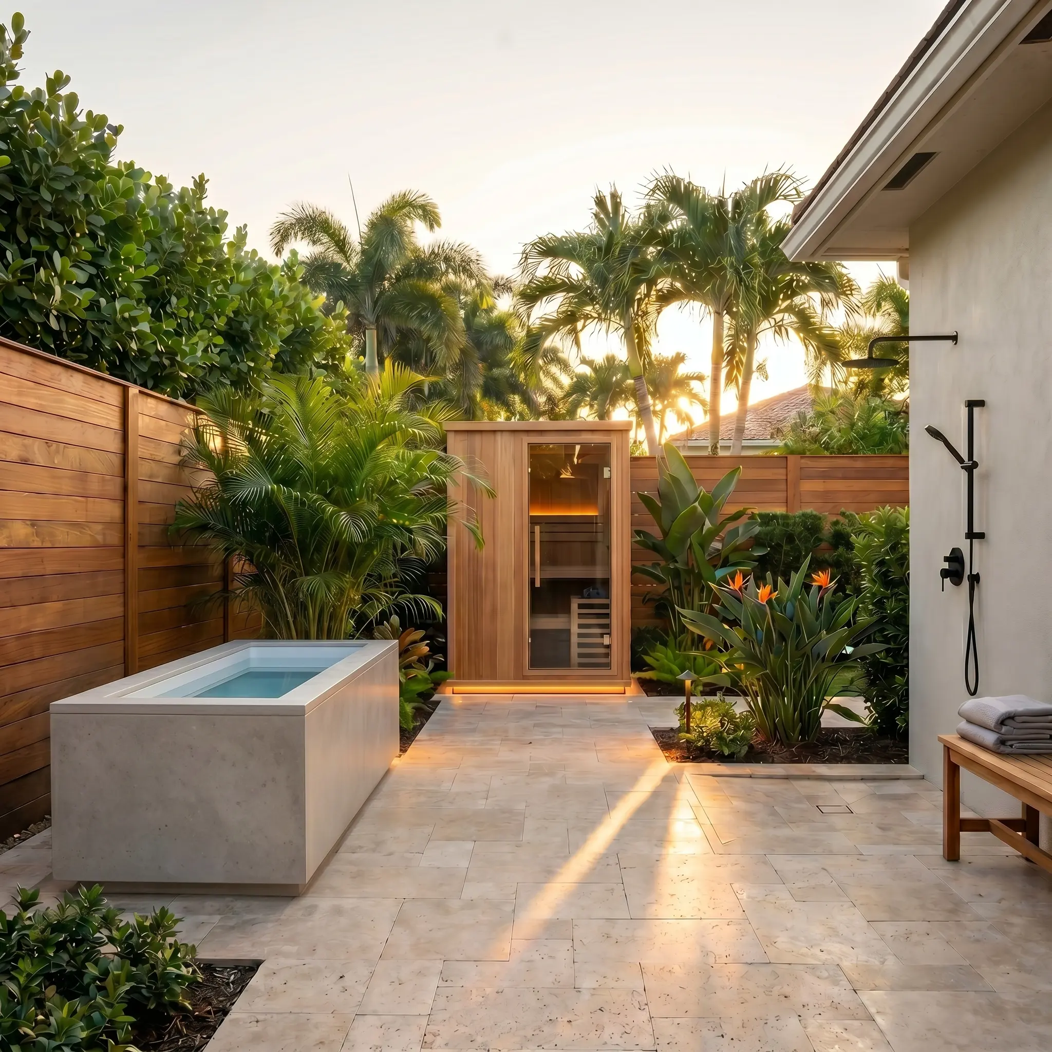 Indoor sauna and cold plunge home wellness space