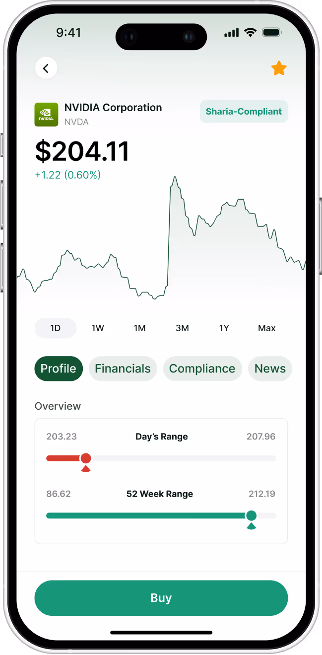 Smartphone screen showing Nvidia Corporation stock at $204.11, up 0.60%, with price chart, day and 52 week range, and buy button.
