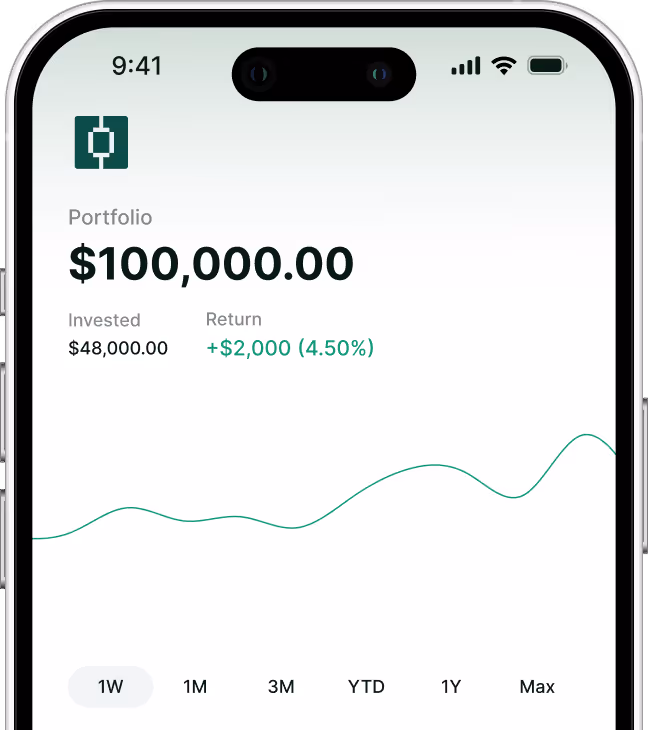 Smartphone screen displaying a portfolio balance of $100,000 with $48,000 invested and a return of +$2,000 (4.50%), showing a line graph with one-week view selected.