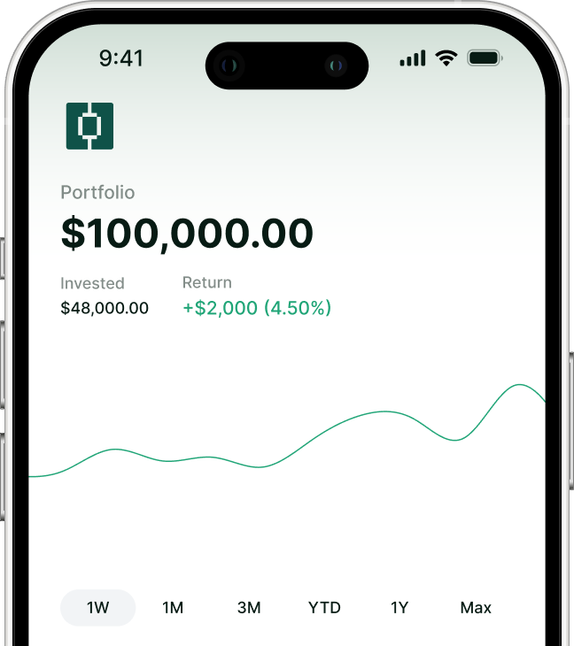 Smartphone screen displaying a portfolio balance of $100,000 with $48,000 invested and a return of +$2,000 (4.50%), showing a line graph with one-week view selected.