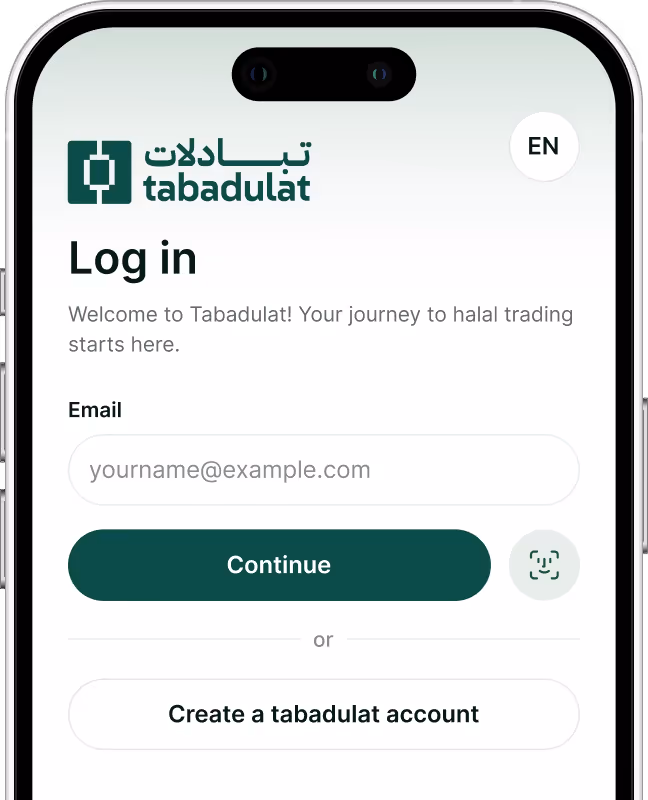 Mobile login screen for Tabadulat with fields to enter email, a Continue button, an option to create an account, and a language selector showing EN.