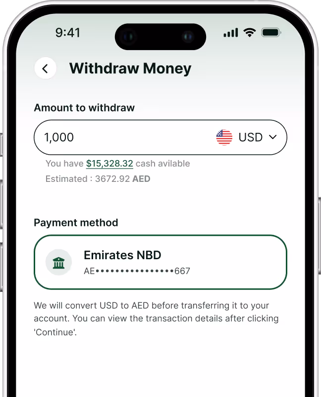 Mobile screen showing a Withdraw Money interface with amount set to 1,000 USD, available cash of 15,328.32 USD, estimated as 3672.92 AED, and payment method Emirates NBD bank account ending in 667.