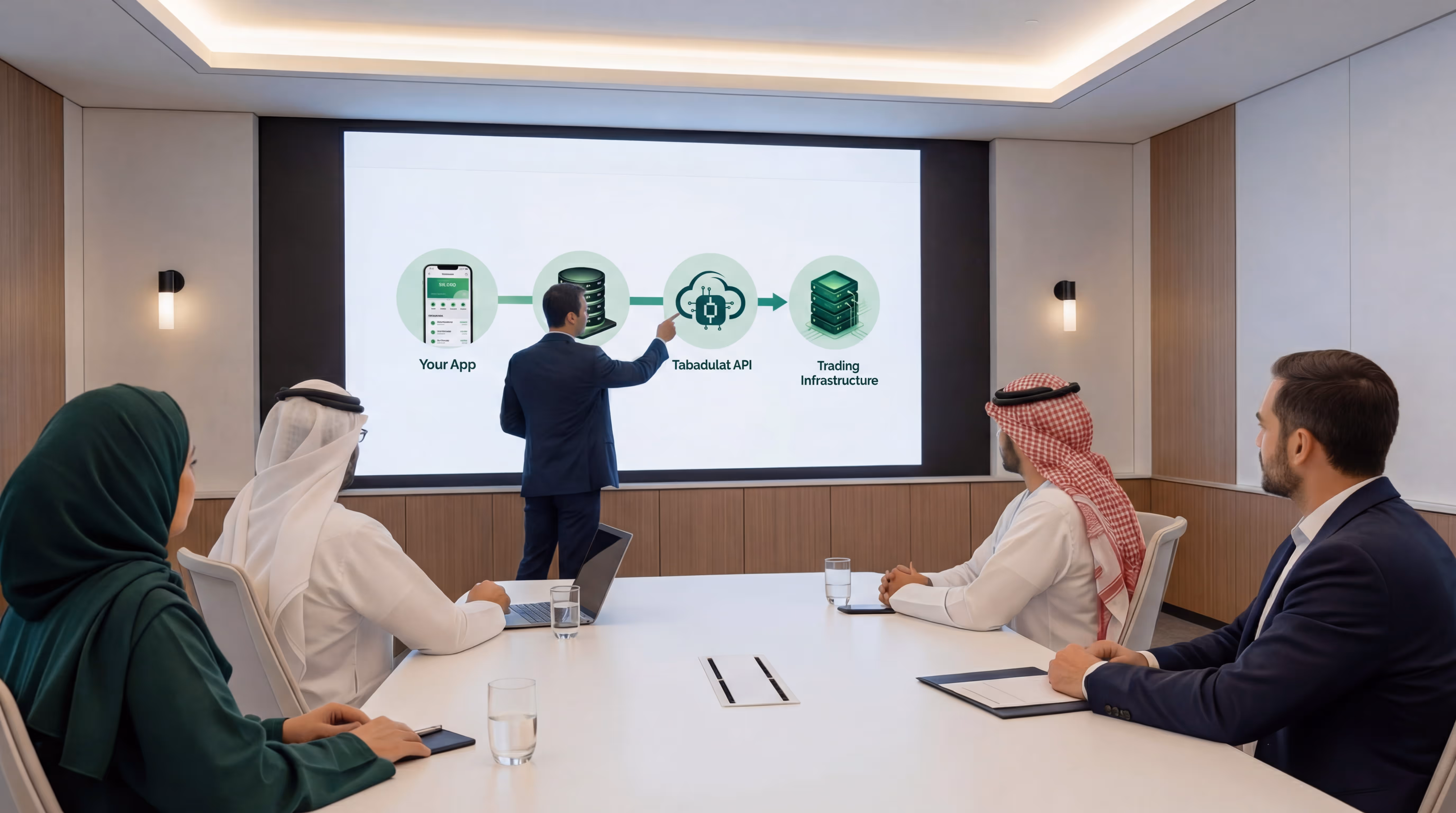 Businessman presenting a flowchart on a screen to four colleagues in a modern conference room.