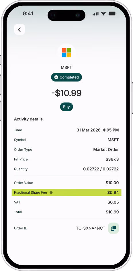 Mobile screen showing a completed MSFT stock buy order of $10.99 on March 31, 2026, with details like market order, fill price $367.3, quantity 0.02722, fractional share fee $0.94, VAT $0.05, and order ID TO-SXNA4NCT.