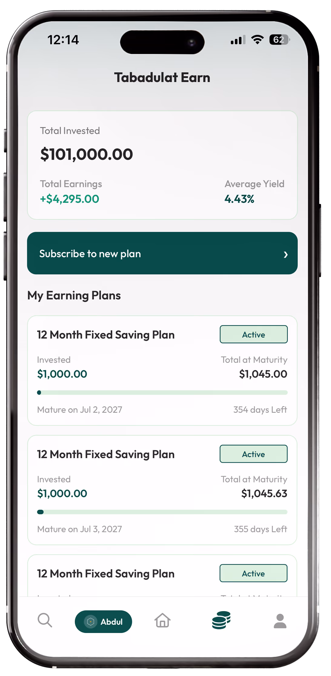 Tabadulat Earn screen showing Murabaha earning plans