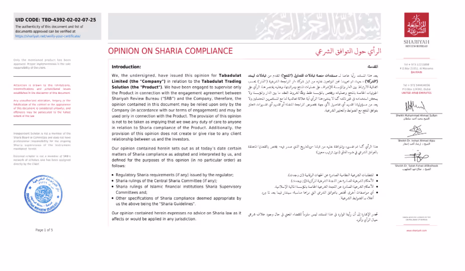 Page 1 of the Shariyah Review Bureau Opinion on Sharia Compliance issued to Tabadulat Limited, UID TBD-4392-02-02-07-25