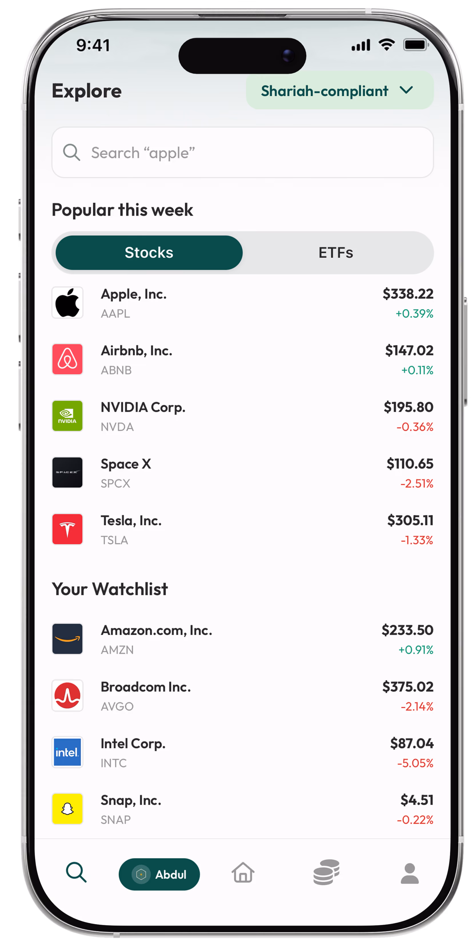 Tabadulat app Explore screen showing Shariah-compliant stocks and ETFs with live prices and a personal watchlist