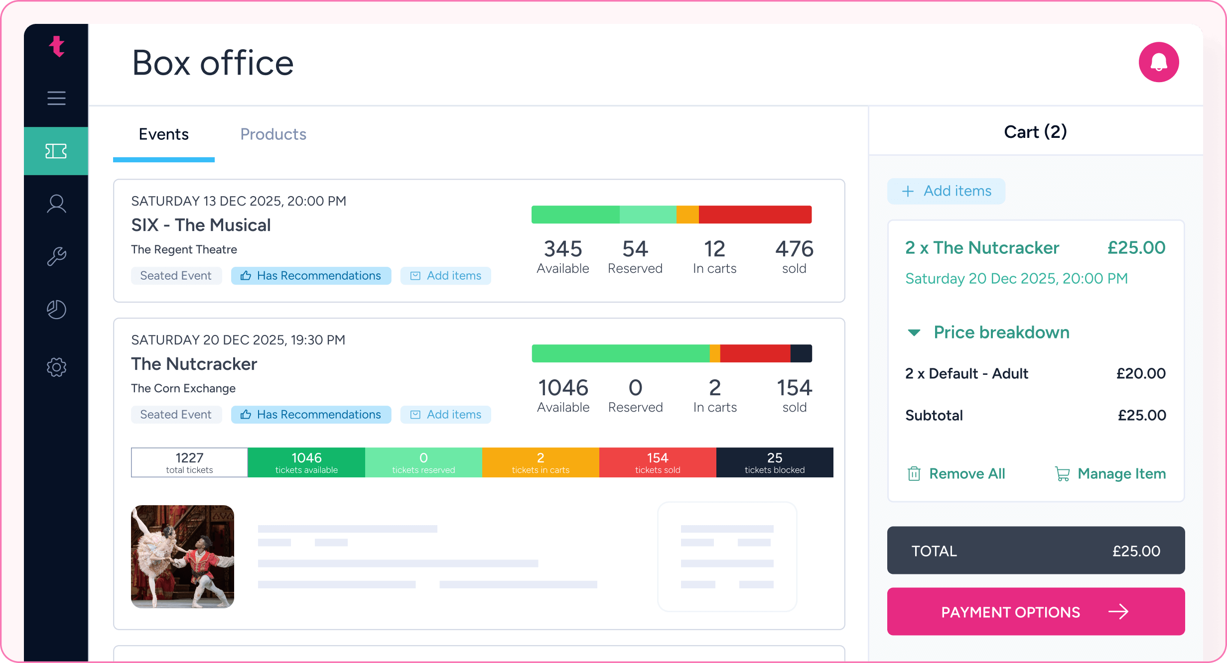 Box office dashboard showing event listings for 'SIX - The Musical' on December 13, 2025, and 'The Nutcracker' on December 20, 2025, with ticket availability, reservation, and sales stats, plus a cart summary with 2 tickets for The Nutcracker totaling £25.00.