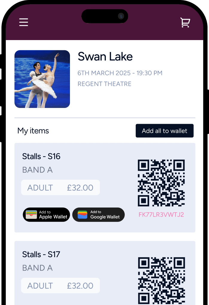 Mobile ticket screen for Swan Lake ballet on 6th March 2025 at Regent Theatre showing two adult Stalls tickets, seats S16 and S17, priced at £32 each with QR codes and options to add to Apple or Google Wallet.