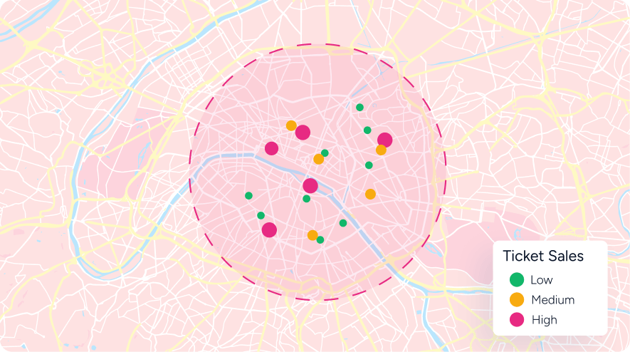 Map showing ticket sales categorized by location with green (low), orange (medium), and pink (high) dots inside a dashed circular boundary.