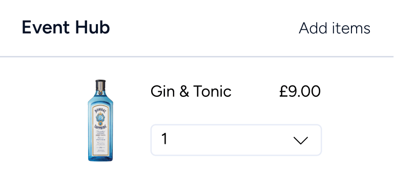 Event Hub menu showing a bottle of Bombay Sapphire gin, item Gin & Tonic priced at £9.00 with quantity selector set to 1.