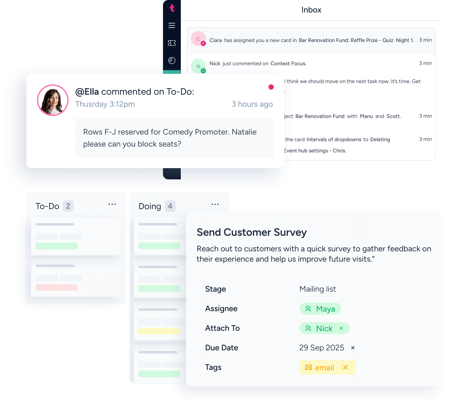Dashboard interface showing a user comment from Ella about reserving comedy promoter seats, a task list with columns To-Do and Doing, and a detailed card for sending a customer survey assigned to Maya and attached to Nick, due 29 Sep 2025, tagged email.