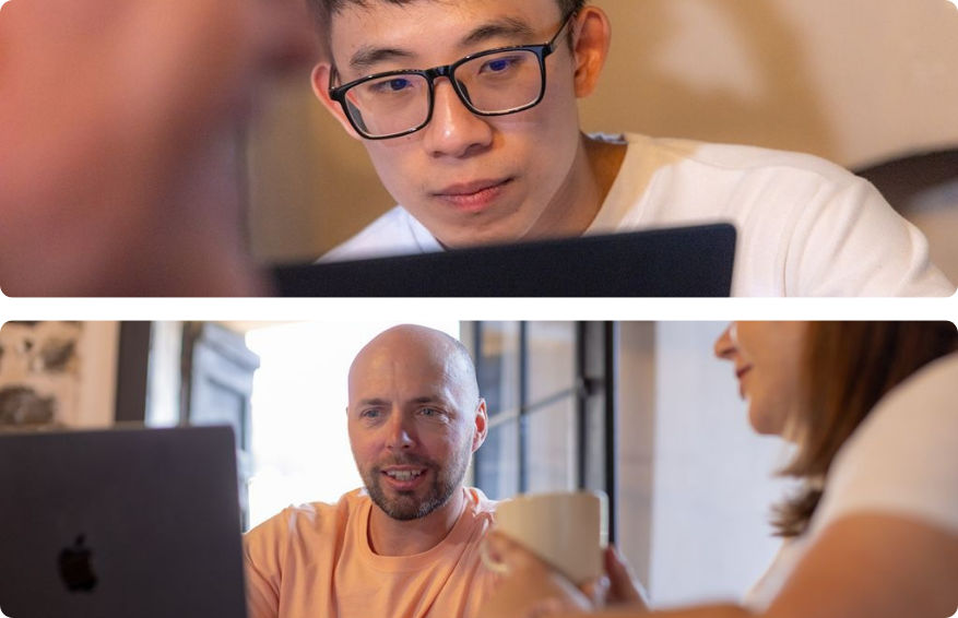 Top image: Young man with glasses focused on a laptop screen. Bottom image: Bald man in a peach shirt talking and smiling at a woman holding a coffee mug in a cozy indoor setting.
