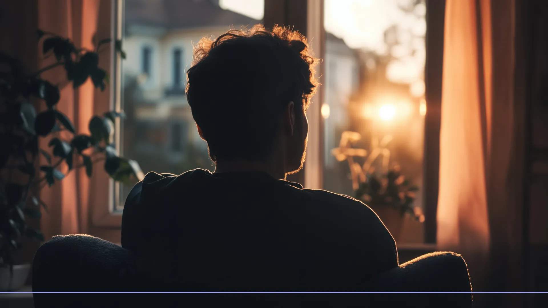 person looking out the window at sunrise