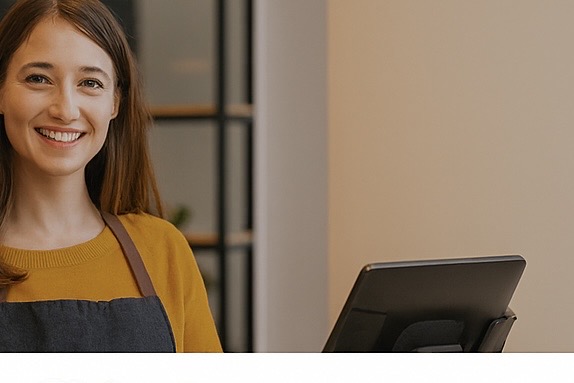 Smiling woman in a mustard sweater and apron standing behind a cash register in a store.