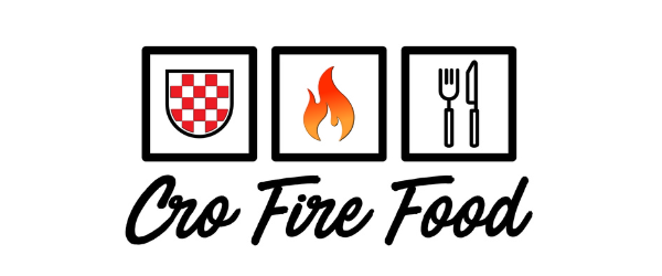 Logo with three squares showing a Croatian checkerboard shield, a flame, and a fork and knife above the text 'Cro Fire Food'.