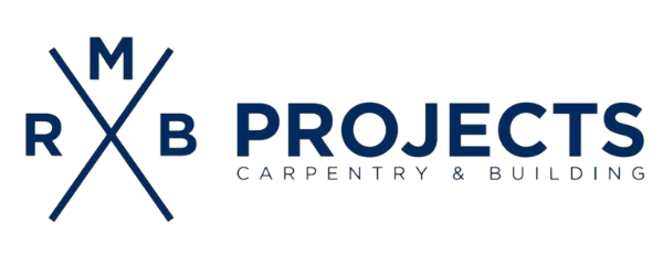 Logo with crossed lines featuring letters M, R, B and the text 'PROJECTS Carpentry & Building' in blue.