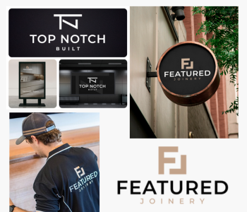 Collage featuring the 'Top Notch Built' logo and branding, plus 'Featured Joinery' logo on a storefront sign and on a worker's shirt.