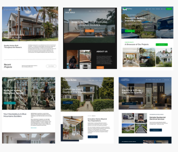 Collage of six website homepage screenshots showcasing modern home building and electrical services with images of houses, interiors, and service descriptions.