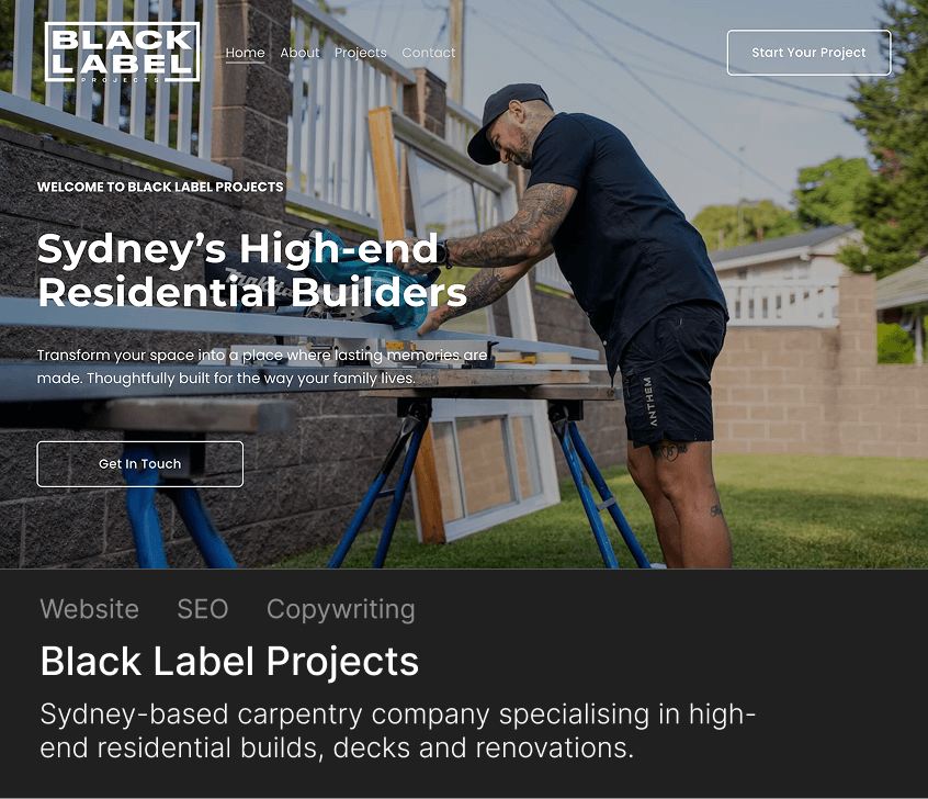 Carpenter working on a wooden project outdoors with tools on a saw horse, promoting Sydney's high-end residential builders Black Label Projects.