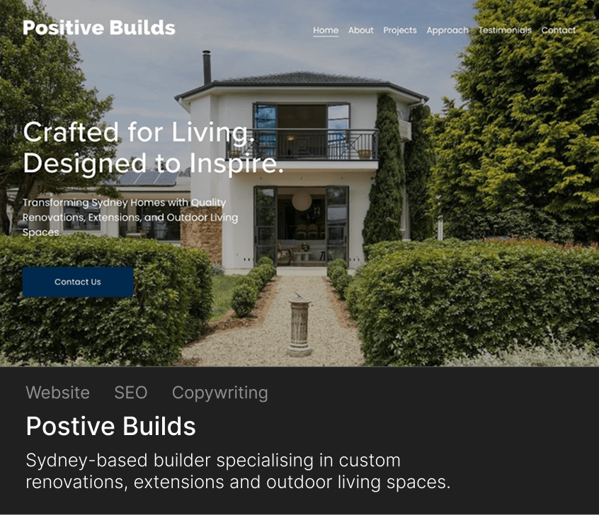 Modern two-story house with open balcony and greenery pathway, overlaid with text promoting Positive Builds, a Sydney-based custom renovation builder.