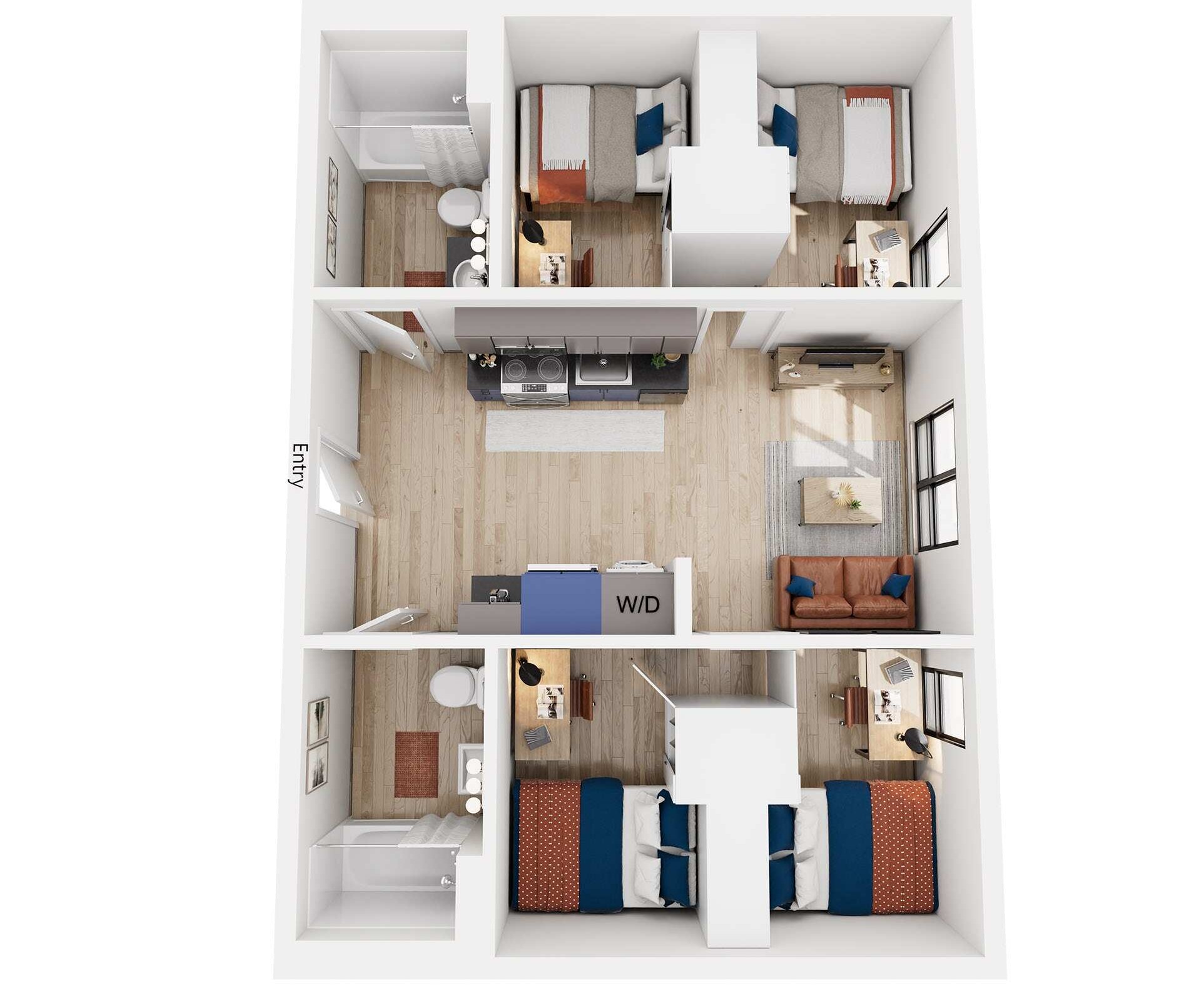 D1-ALT layout, Floor plan rendering of the 4-bedroom, 2-bathroom apartment model at ArtHaus Telegraph, featuring four beds and a large shared kitchen/living area.