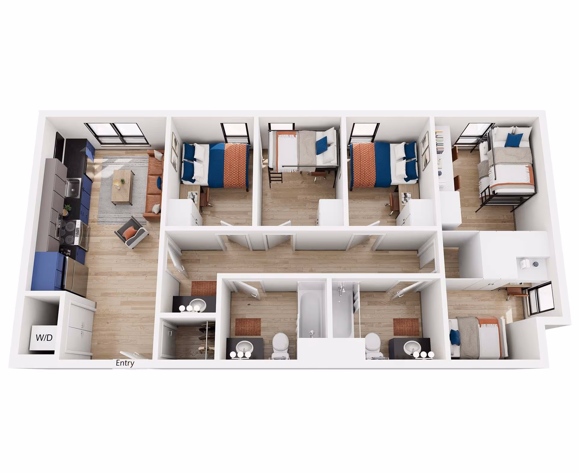 F1-ALT layout, Floor plan rendering of the 6-bedroom, 2.5-bathroom apartment model at ArtHaus Telegraph, featuring six beds, common living space, and in-unit laundry.