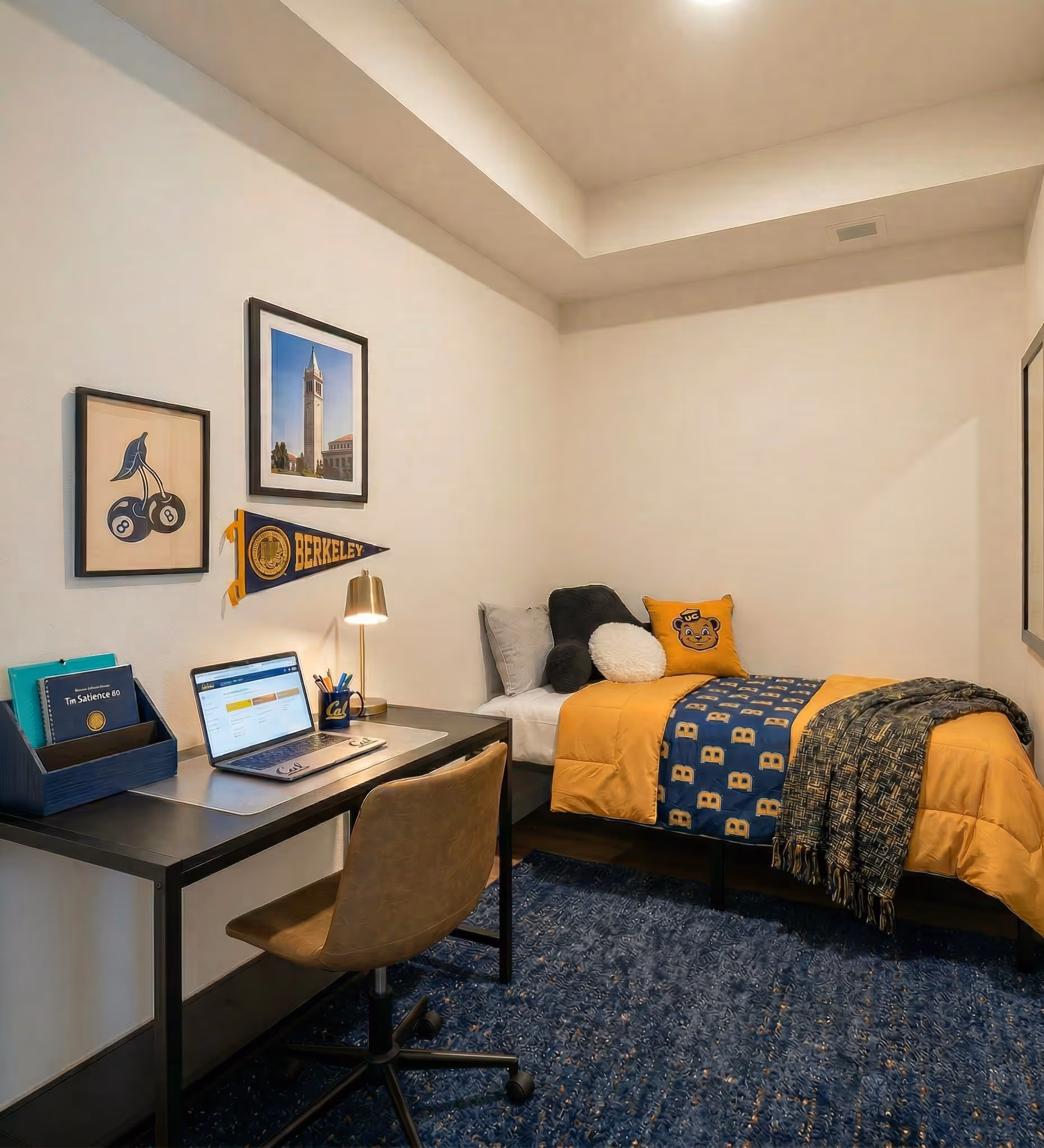 Modern apartment bedroom featuring bed, a dedicated desk area, and decorated with poster wall art