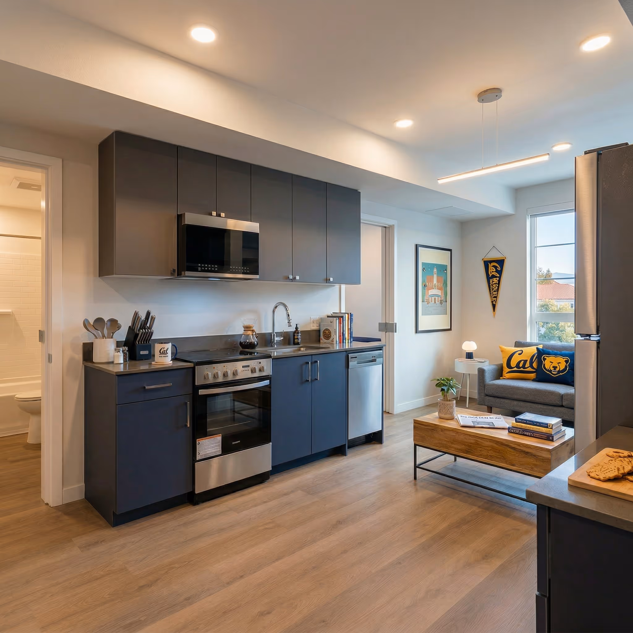 Modern apartment kitchen with blue cabinets and stainless steel appliances and view of living area with sofa and coffee table