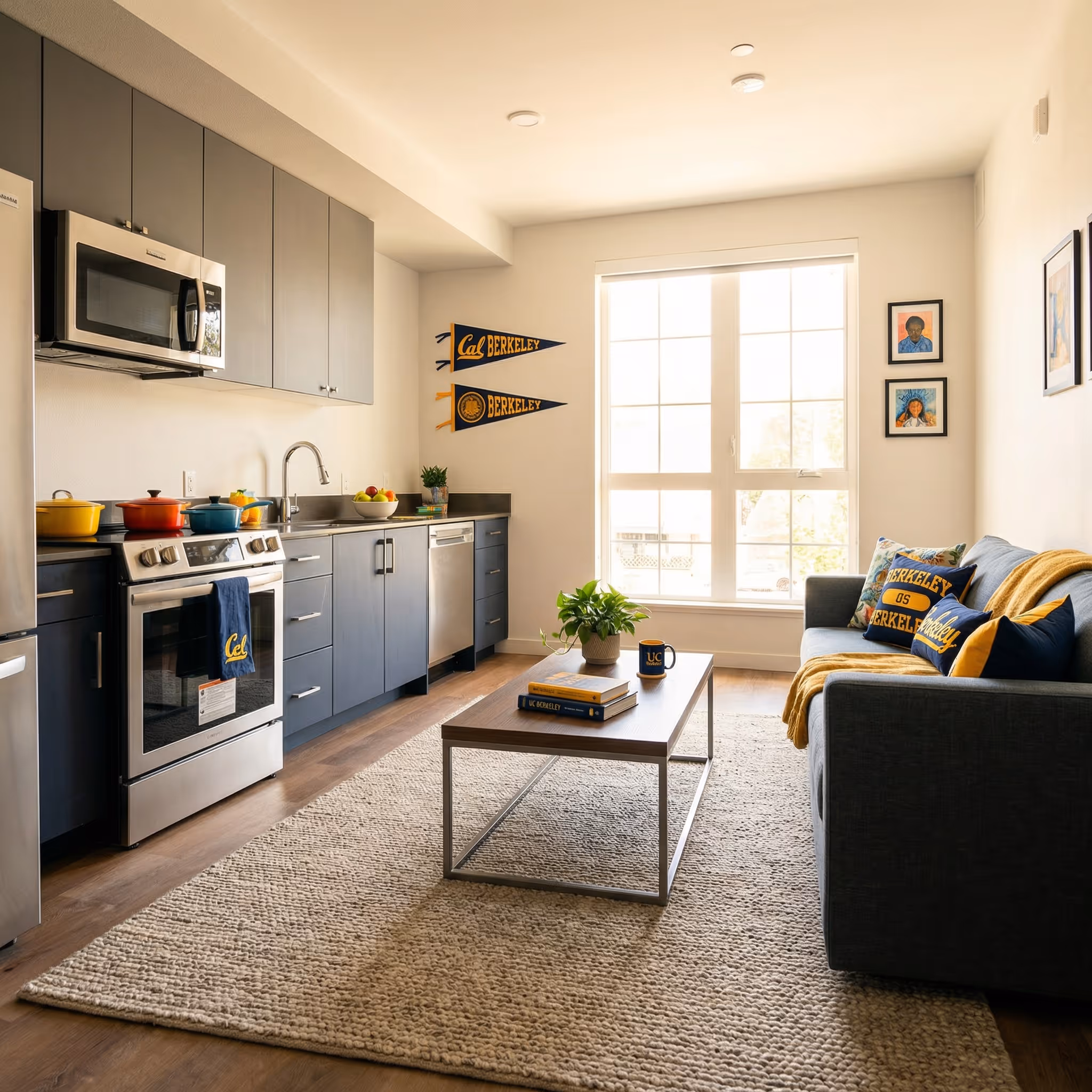 Modern apartment kitchen with blue cabinets and stainless steel appliances and view of living area with sofa and coffee table