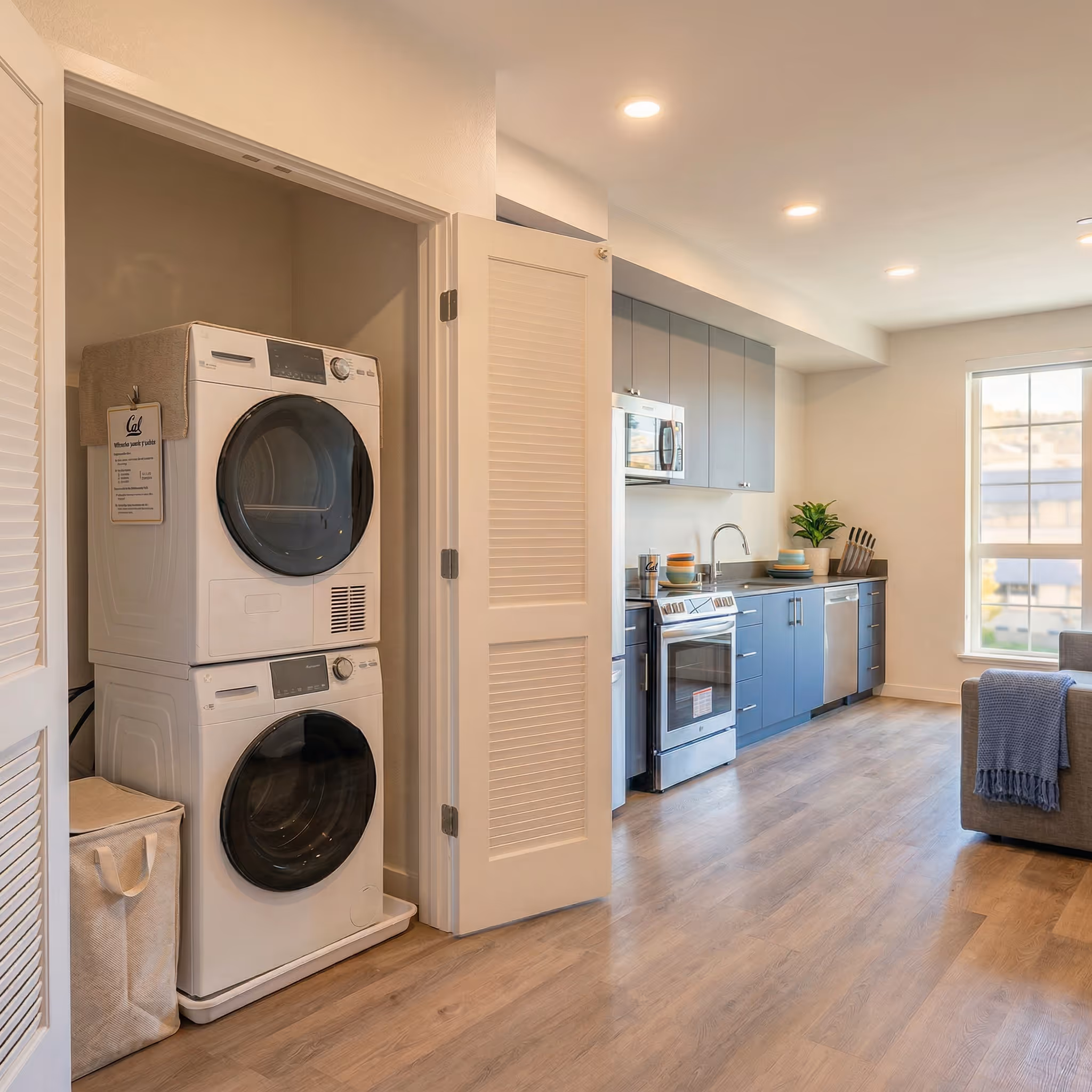 Modern apartment laundry room with stacked washer and dryer and view of kitchen with blue cabinets and stainless steel appliances 