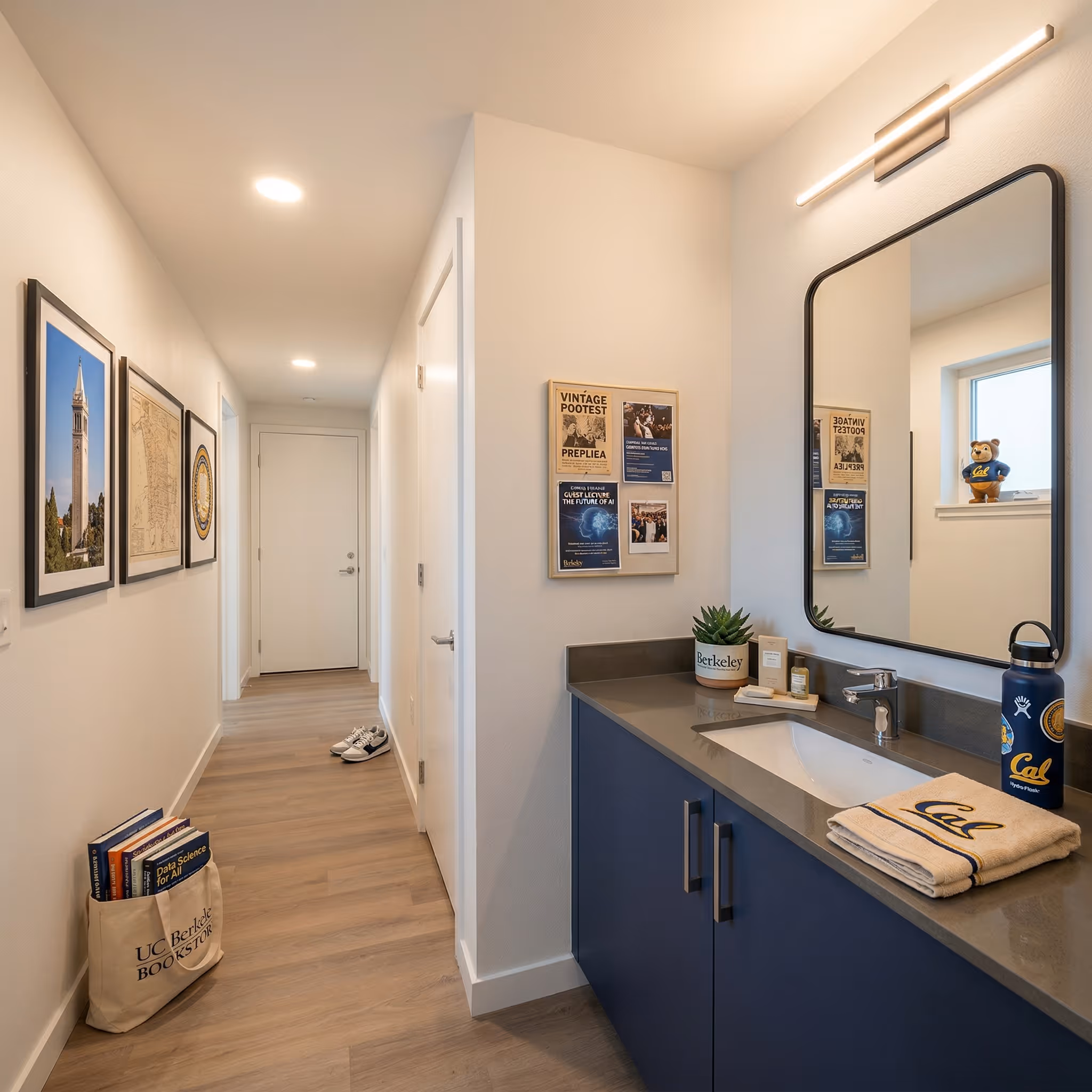 Apartment bathroom and hallway featuring a vanity with blue cabinetry, a framed mirror, and a white hallway to entry door