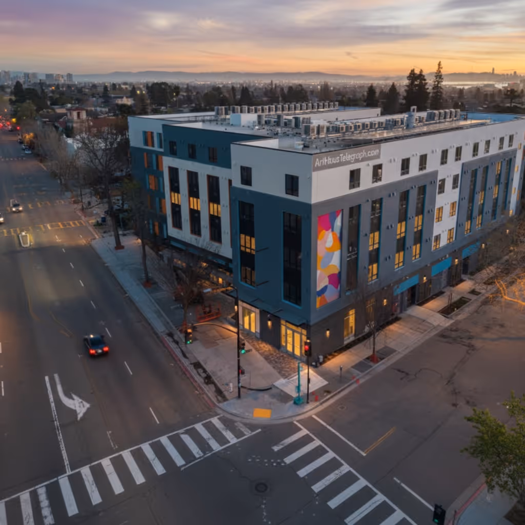 ArtHaus Telegraph Exterior drone shot with street view