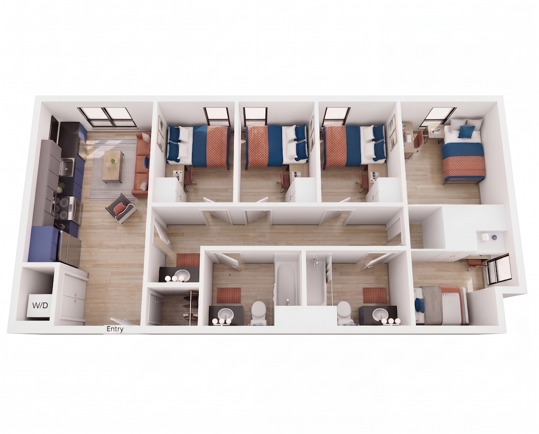 F1-ALT layout, Floor plan rendering of the 6-bedroom, 2.5-bathroom apartment model at ArtHaus Telegraph, featuring six beds, common living space, and in-unit laundry.