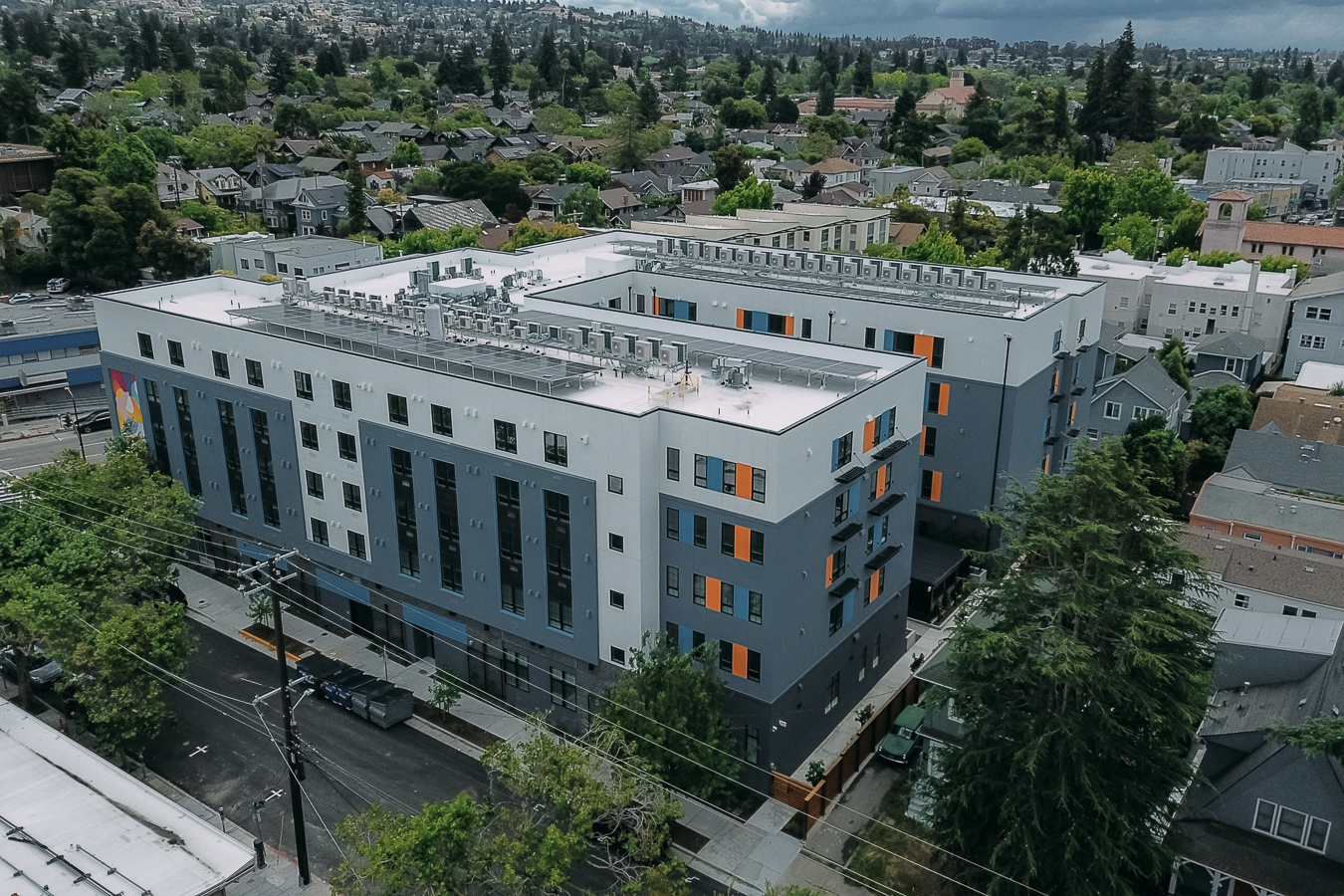 ArtHaus Telegraph Exterior drone shot with street view