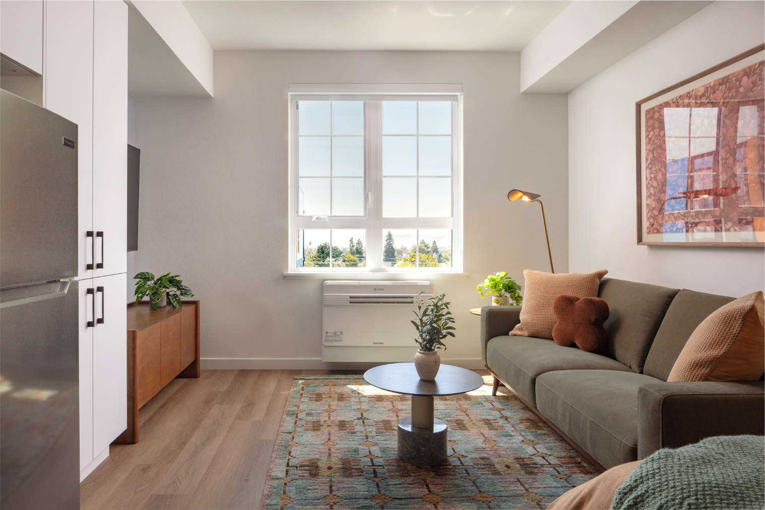 Modern apartment living room at ArtHaus Telegraph in Berkeley, CA.
