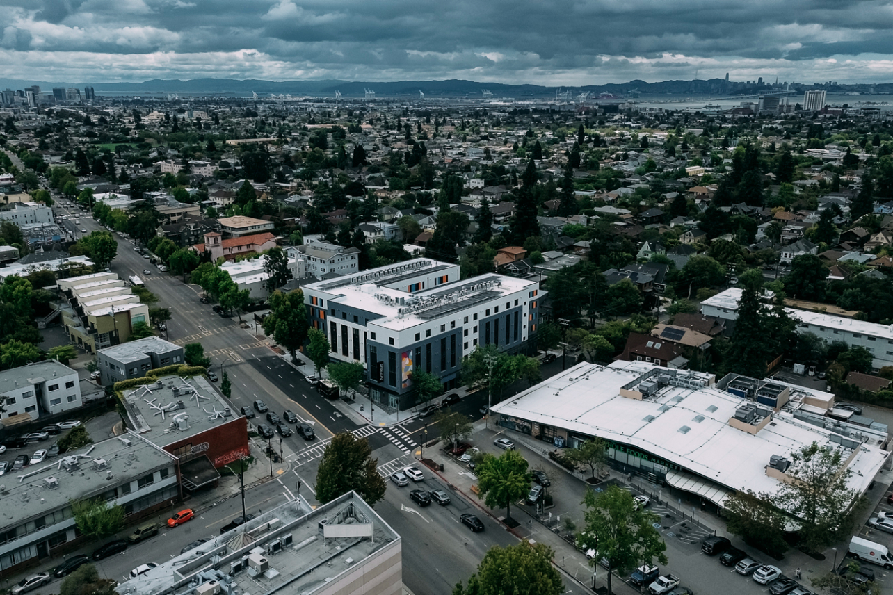 ArtHaus Telegraph Exterior drone shot with street view