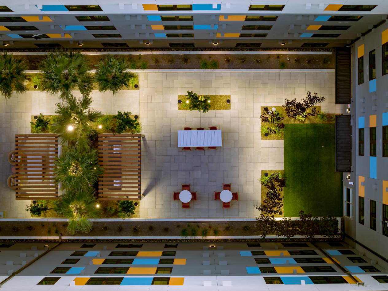 ArtHaus Telegraph Exterior drone shot with amenity area view