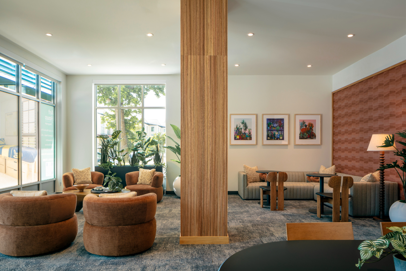 Resident amenity space featuring a stylish, speckled terrazzo coffee bar area with baked goods and green accent seating at ArtHaus Telegraph in Berkeley, CA.