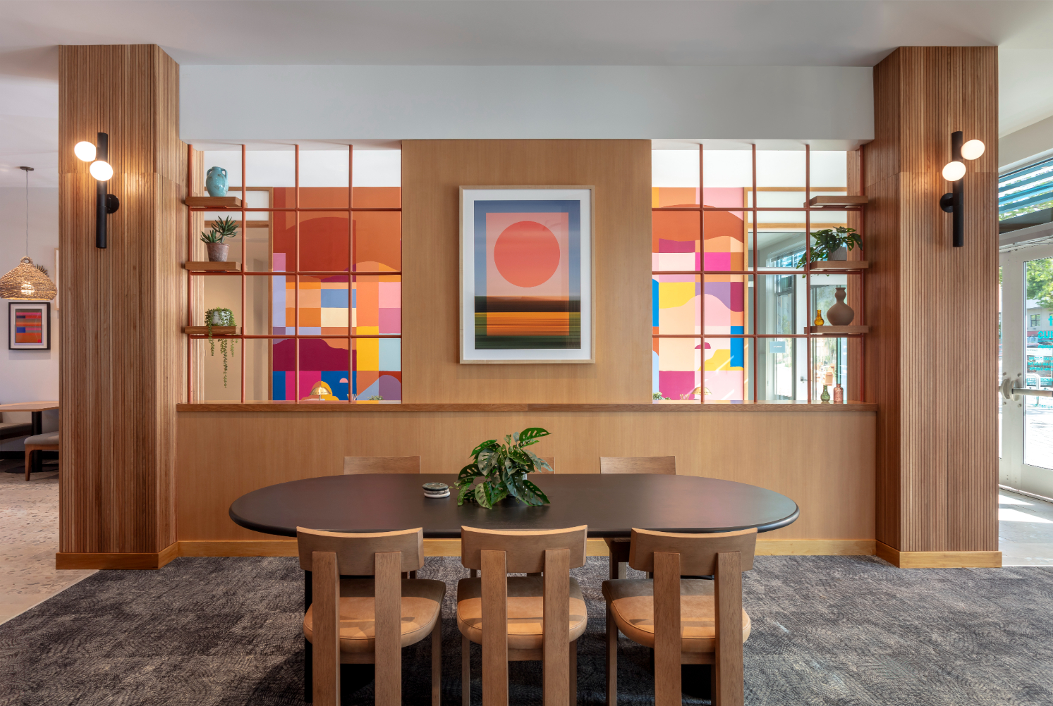 Resident amenity space featuring a stylish seating at ArtHaus Telegraph in Berkeley, CA.