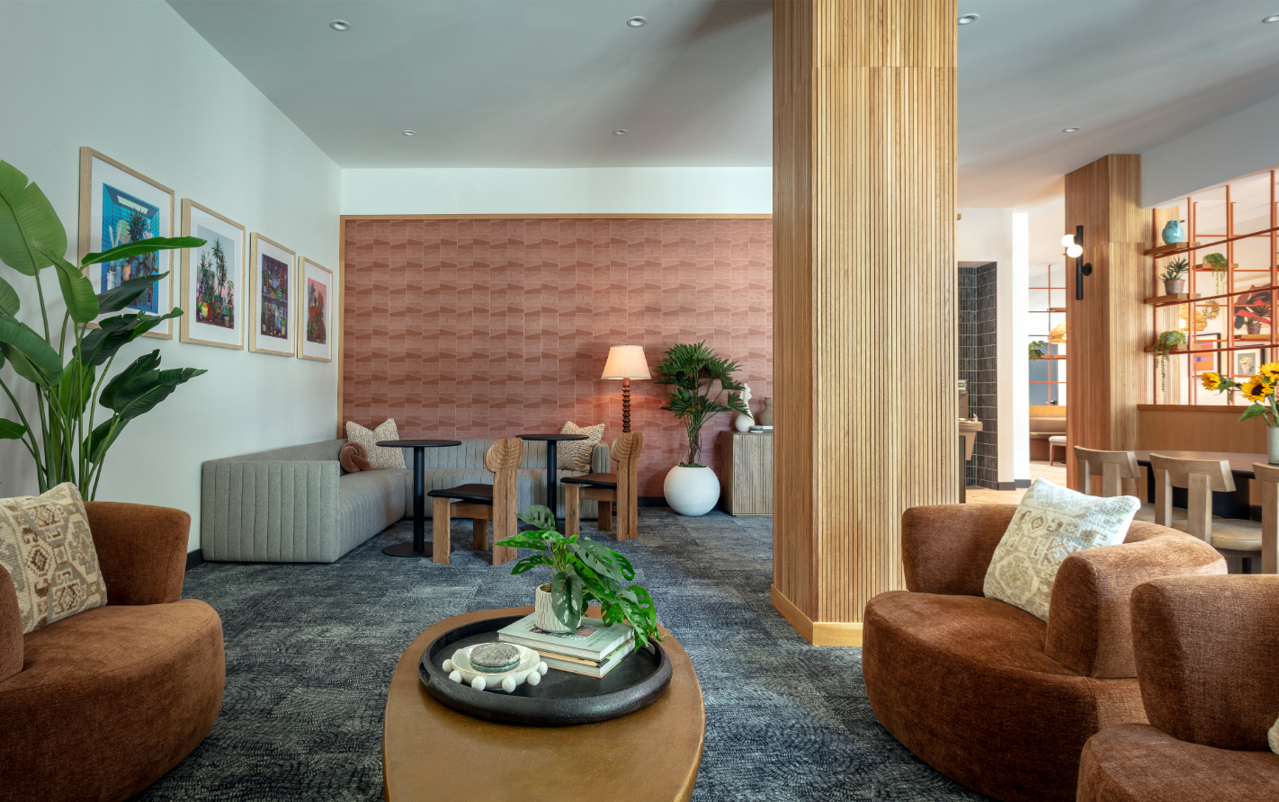 Resident amenity space featuring a stylish seating at ArtHaus Telegraph in Berkeley, CA.